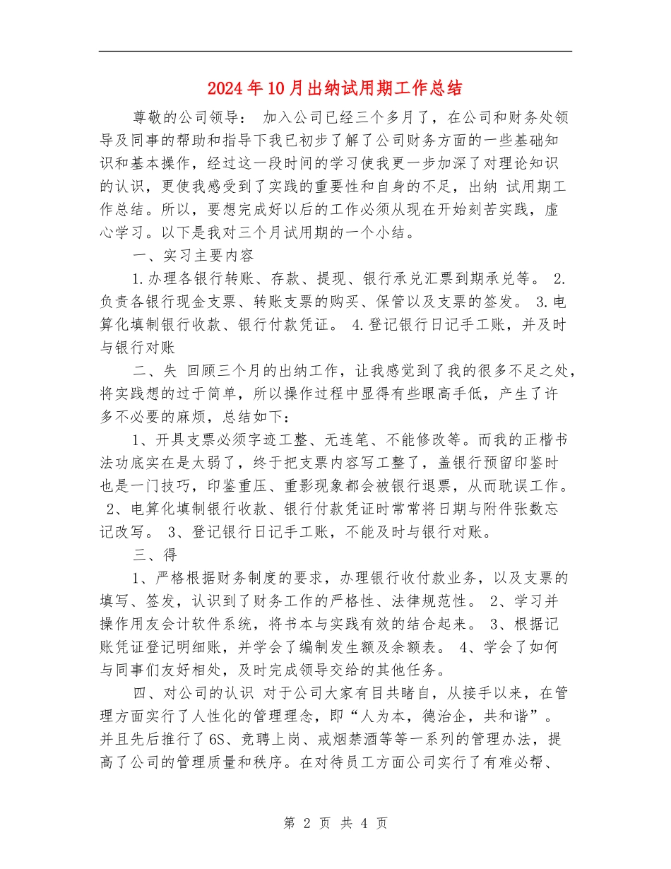 2024年10月出纳试用期工作总结【新版】_第2页