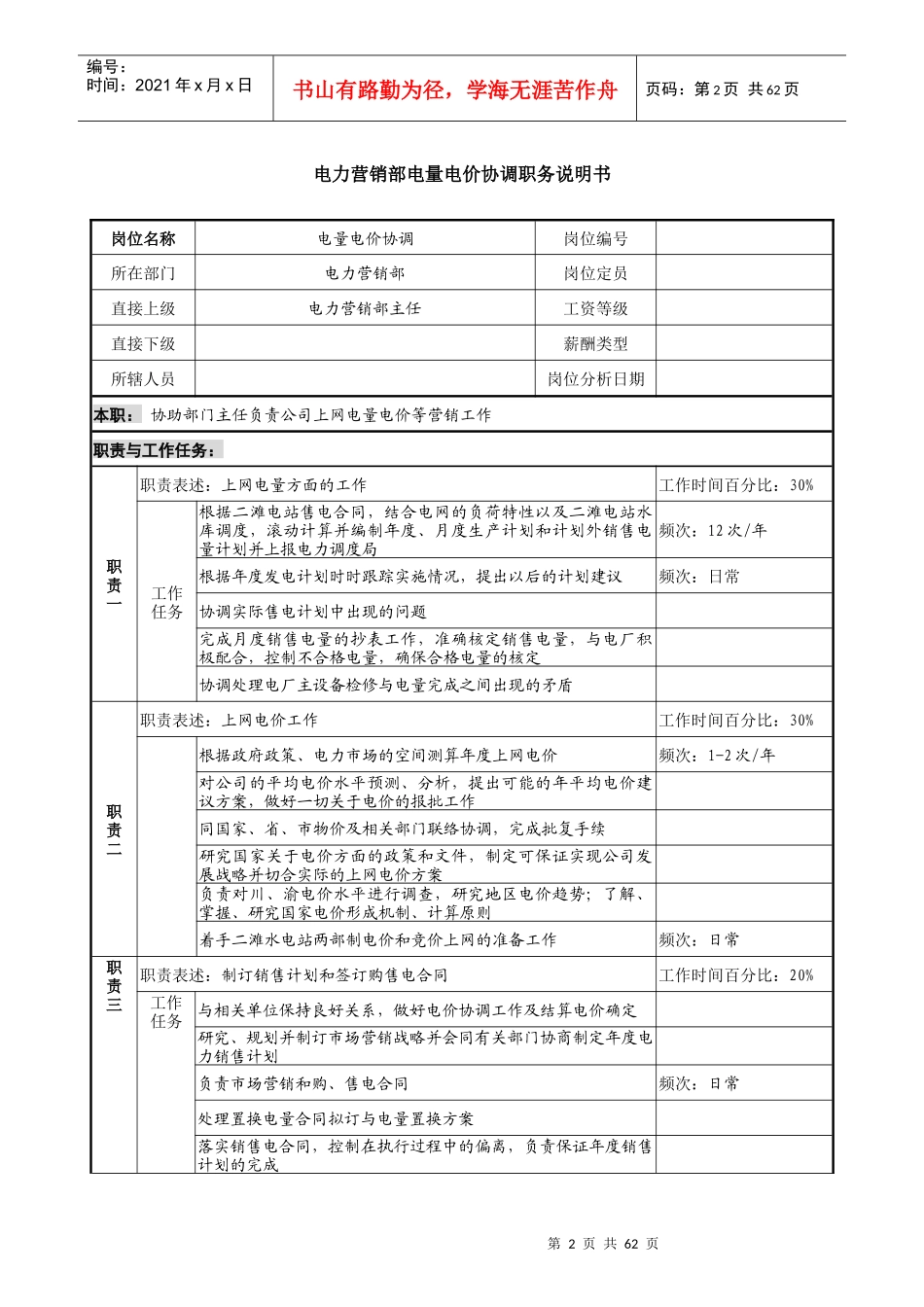 电力营销部电量电价协调职务说明书_第2页