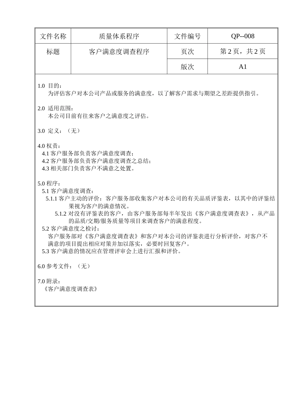 螺丝有限公司ISO90001范本--客户满意度调查程序（doc）_第2页