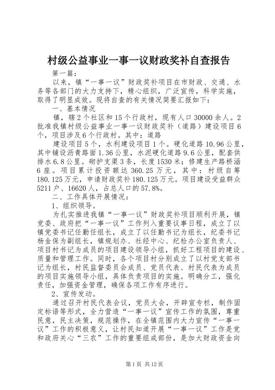 村级公益事业一事一议财政奖补自查报告_第1页