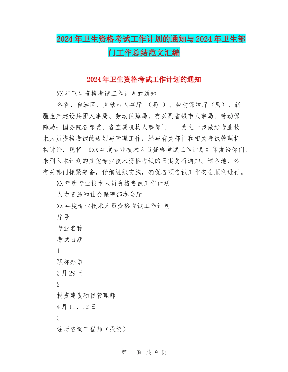 2024年卫生资格考试工作计划的通知与2024年卫生部门工作总结范文汇编_第1页