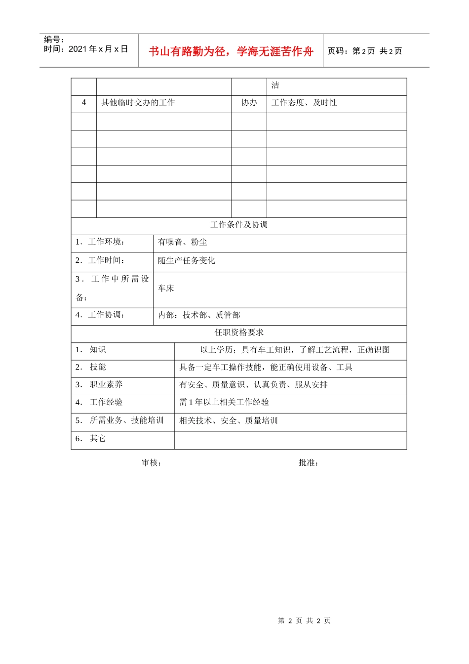 电力集团某大型配件配套企业车工岗位说明书_第2页