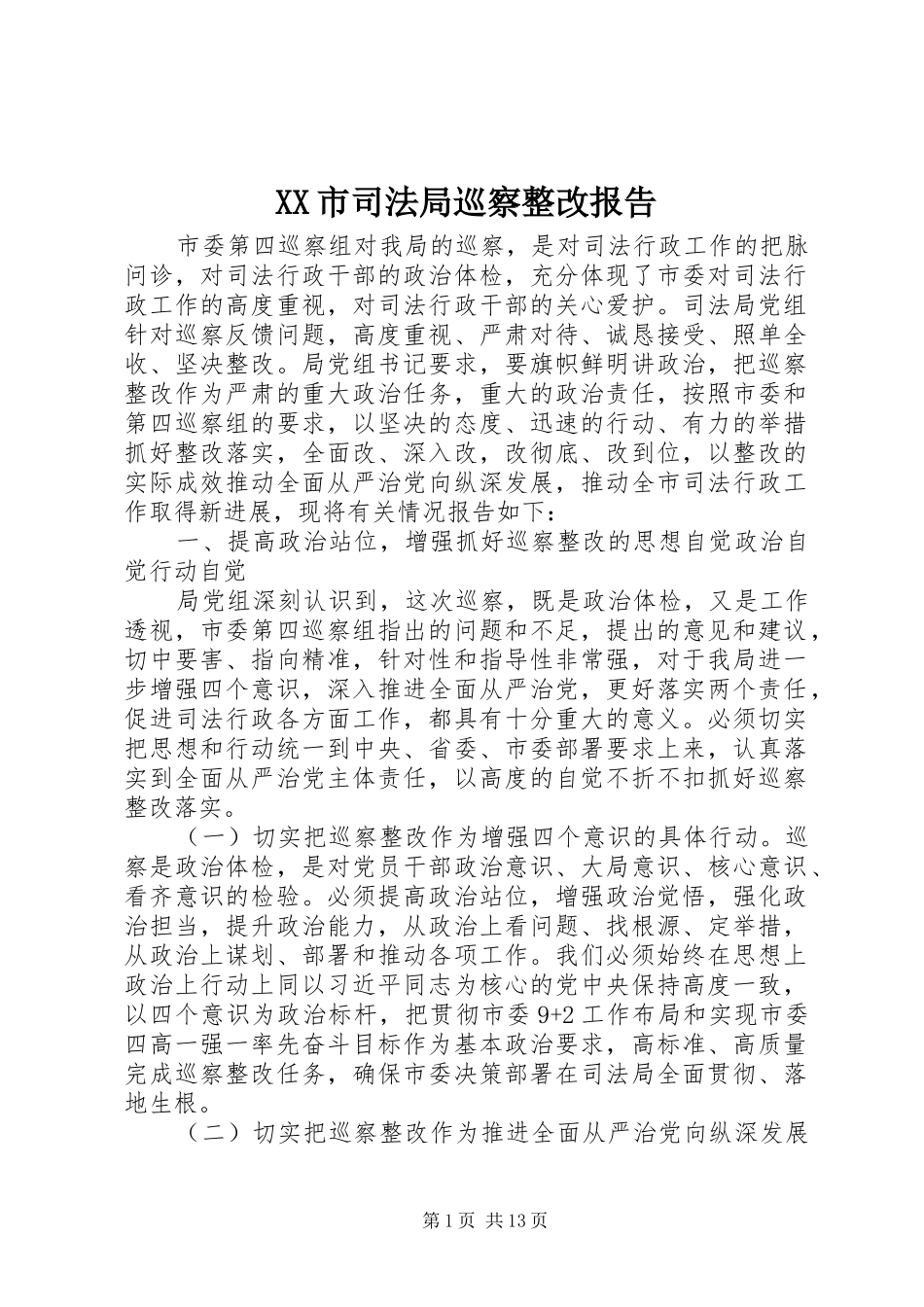XX市司法局巡察整改报告_第1页