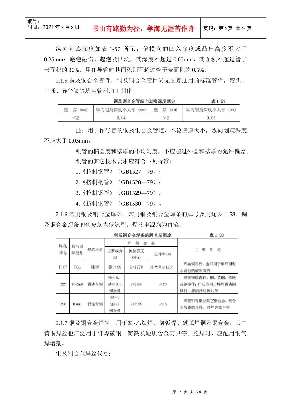 紫铜、黄铜管道安装施工工艺标准-1—18紫铜、黄铜管道_第2页