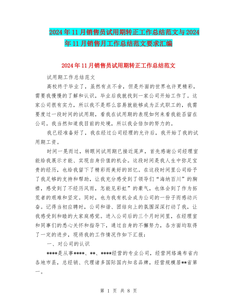 2024年11月销售员试用期转正工作总结范文与2024年11月销售月工作总结范文要求汇编_第1页