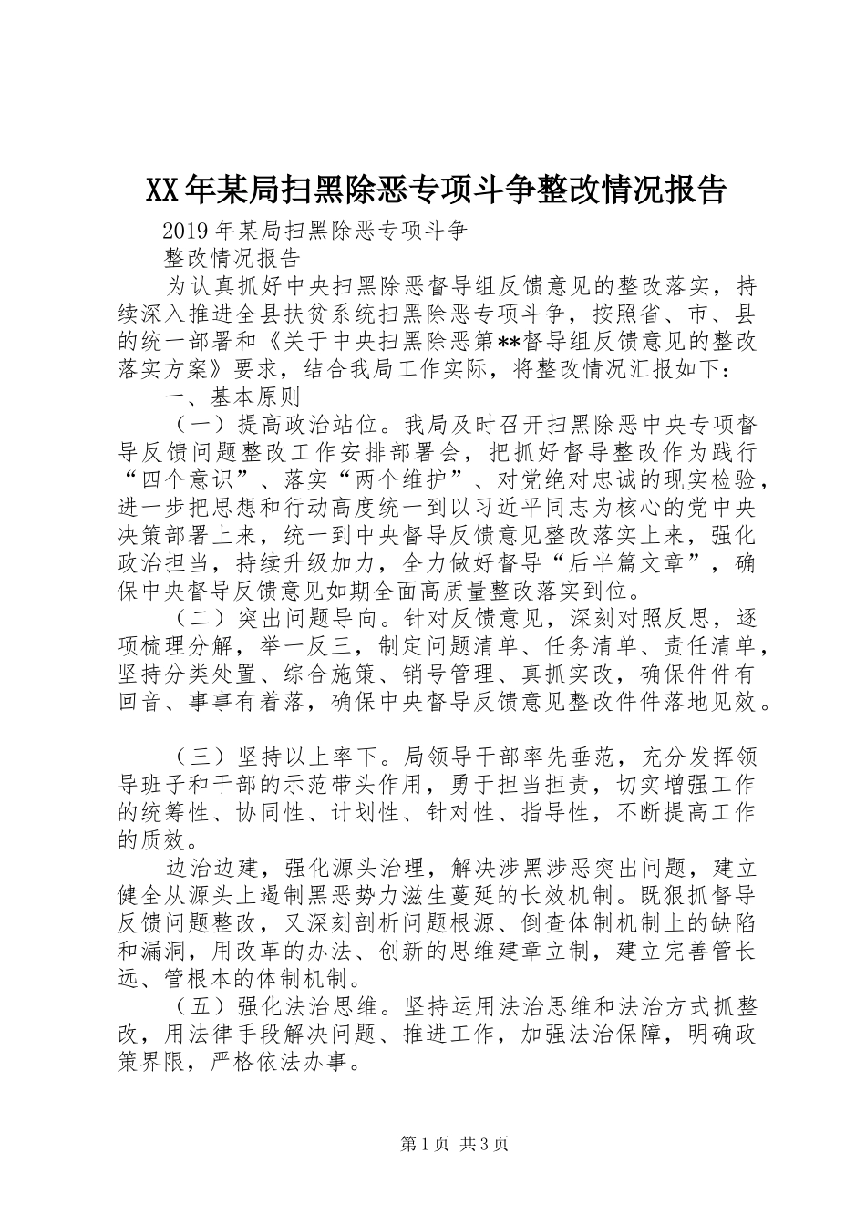XX年某局扫黑除恶专项斗争整改情况报告_第1页
