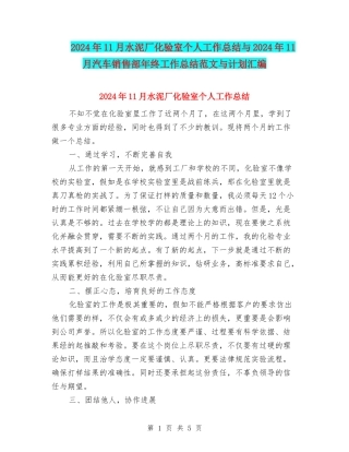 2024年11月水泥厂化验室个人工作总结与2024年11月汽车销售部年终工作总结范文与计划汇编