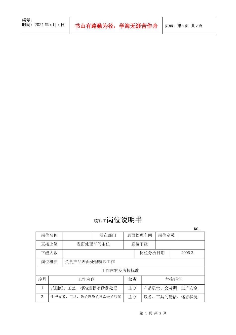 电力集团某大型电气配件企业喷砂工岗位说明书_第1页