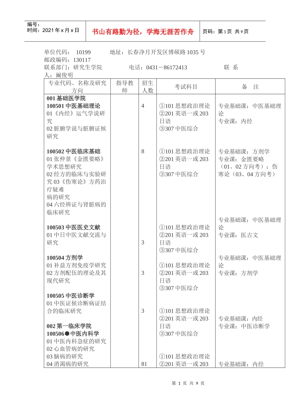 长春中医药大学XXXX年硕士研究生招生专业目录-考研网__第1页