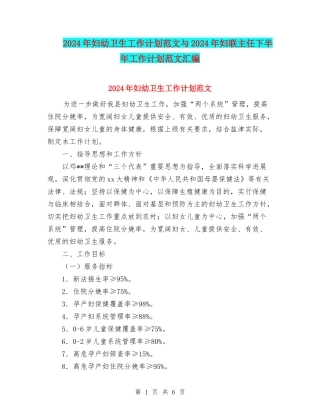 2024年妇幼卫生工作计划范文与2024年妇联主任下半年工作计划范文汇编