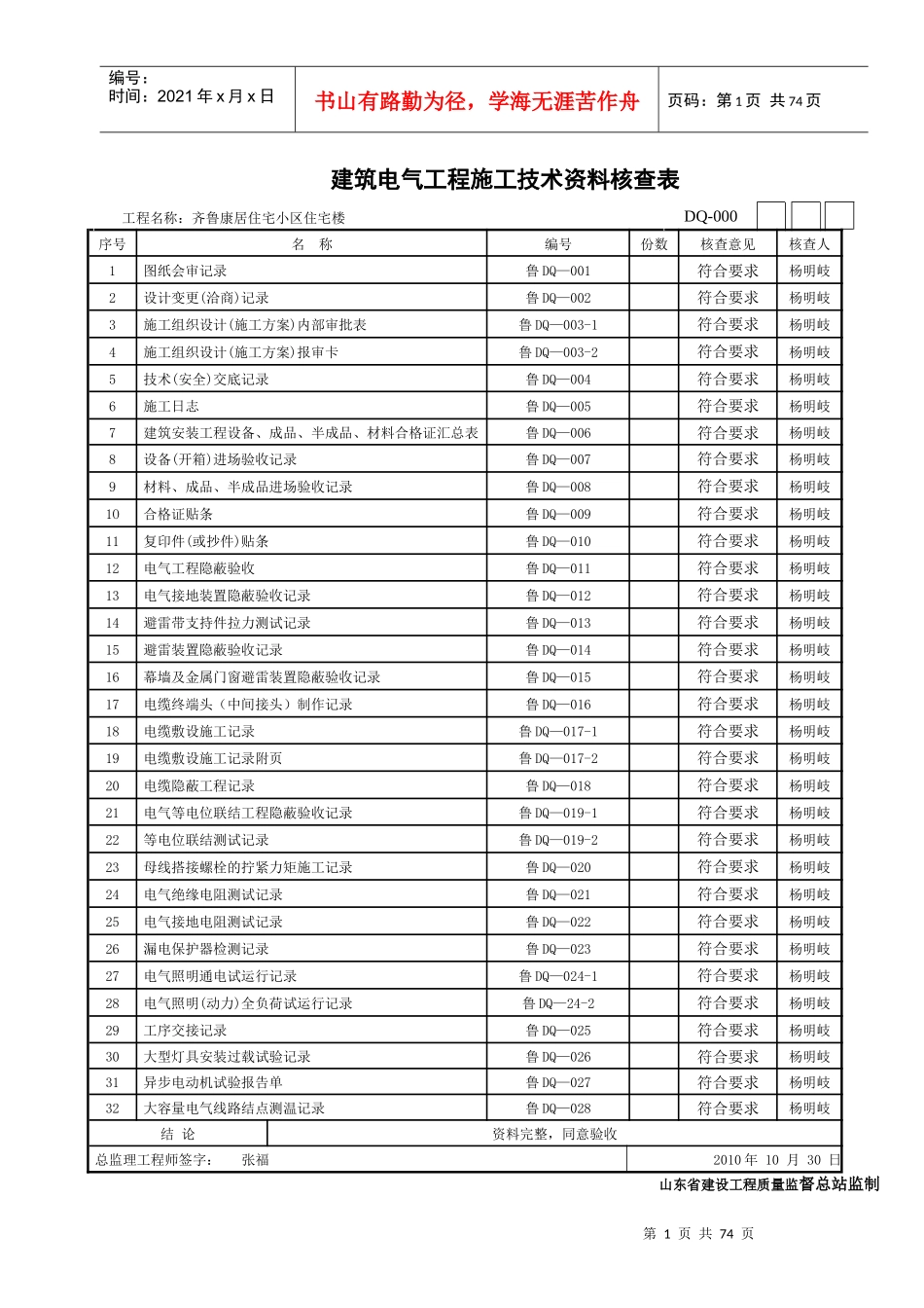 第七部分建筑电气工程施工技术资料核查表T程室称11_第1页