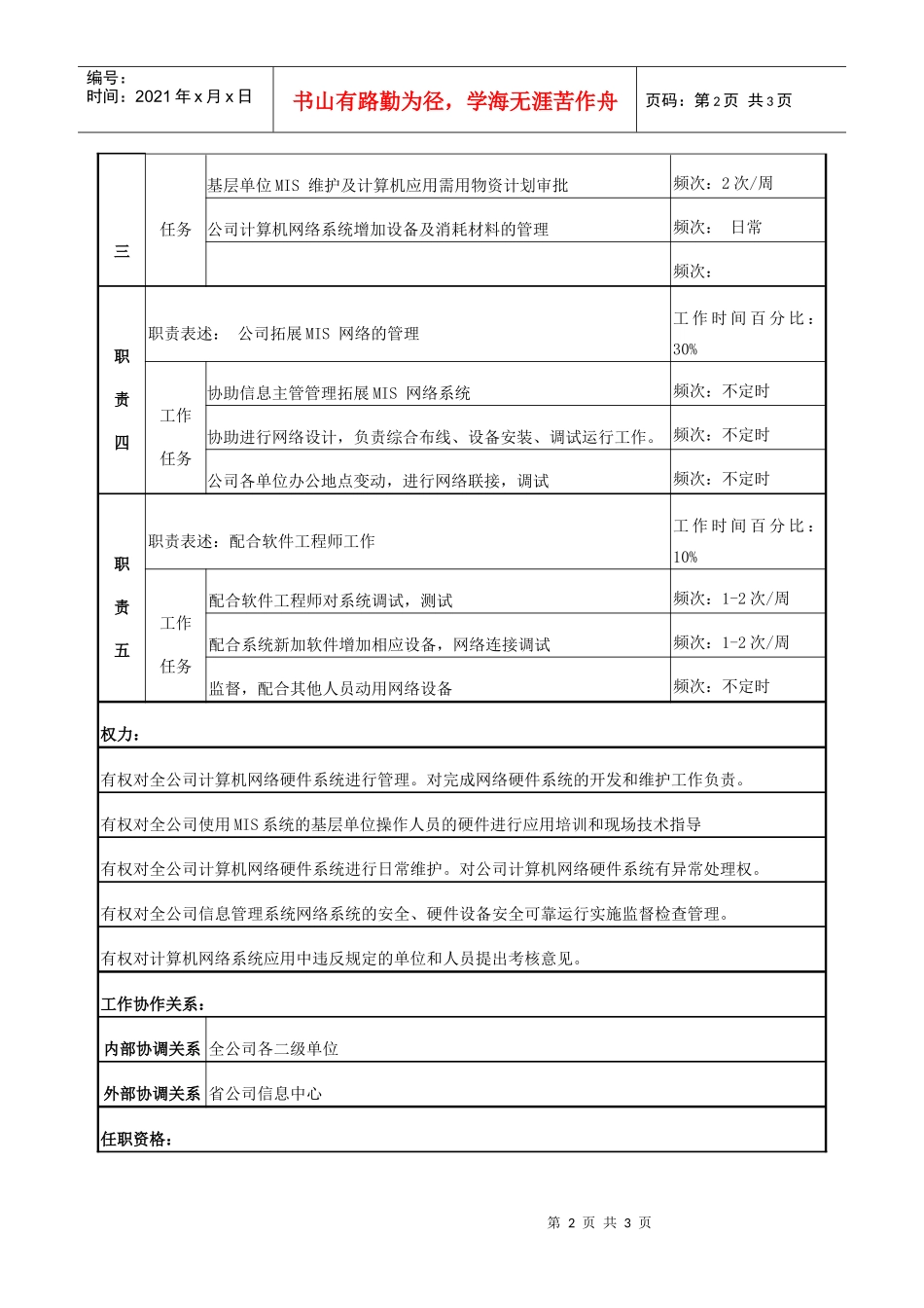 电力网络硬件管理专责工程师岗位说明书_第2页
