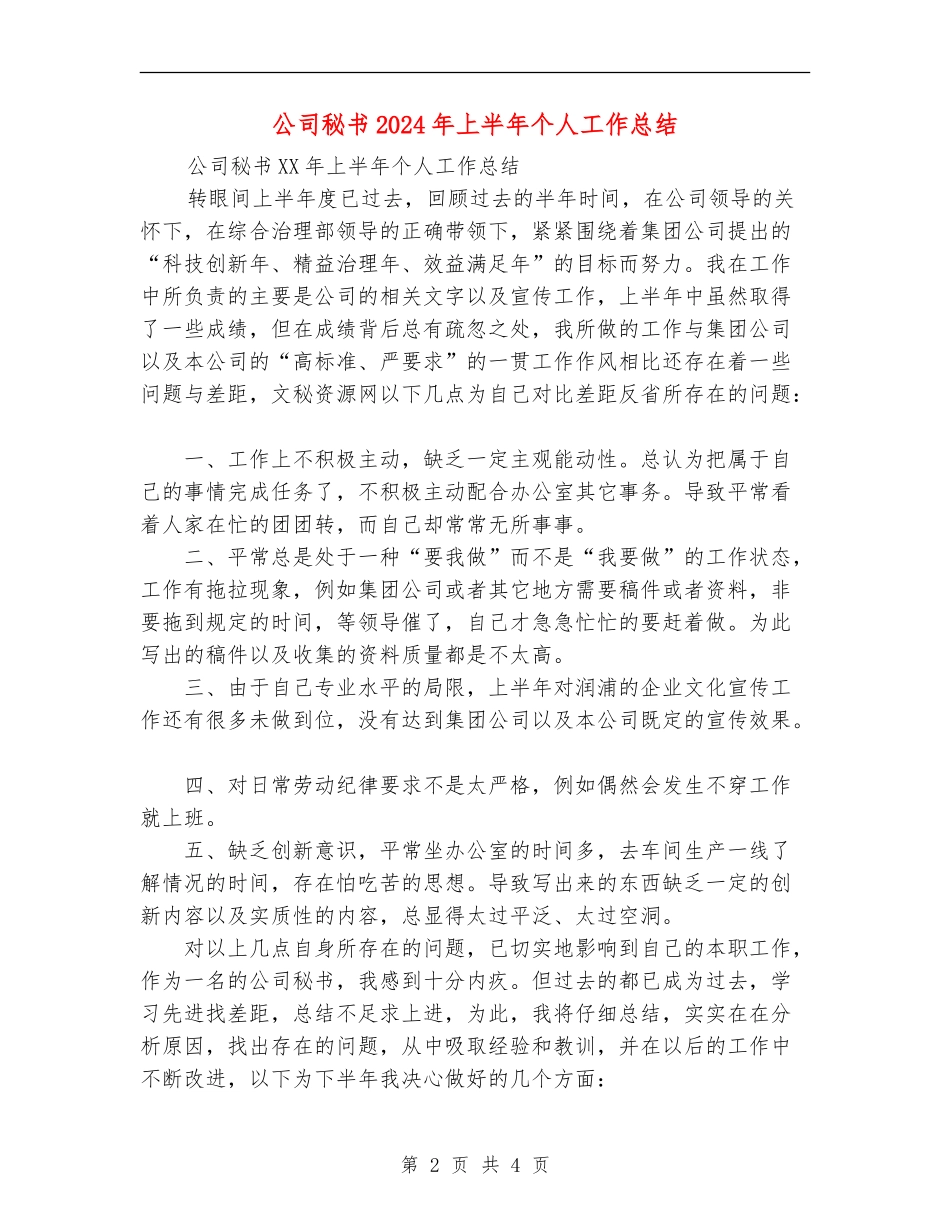 公司秘书2024年上半年个人工作总结_第2页