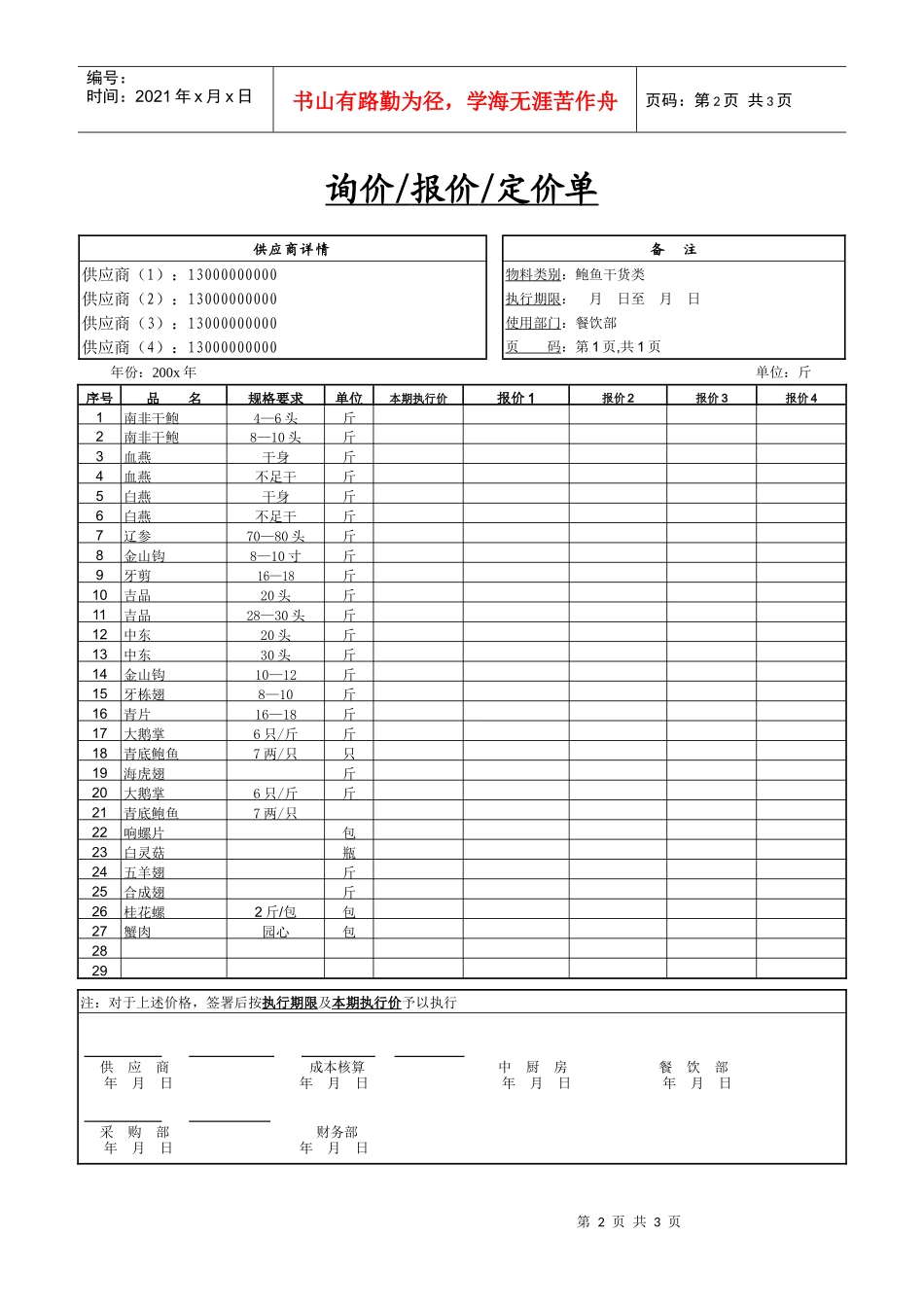 餐饮采购报价单9-鲍鱼干货类_第2页