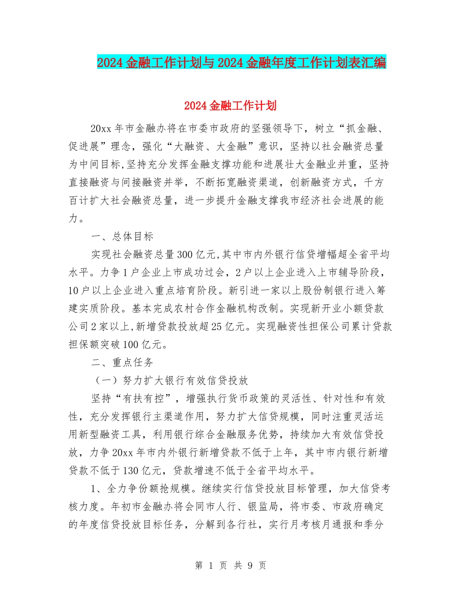 2024金融工作计划与2024金融年度工作计划表汇编_第1页