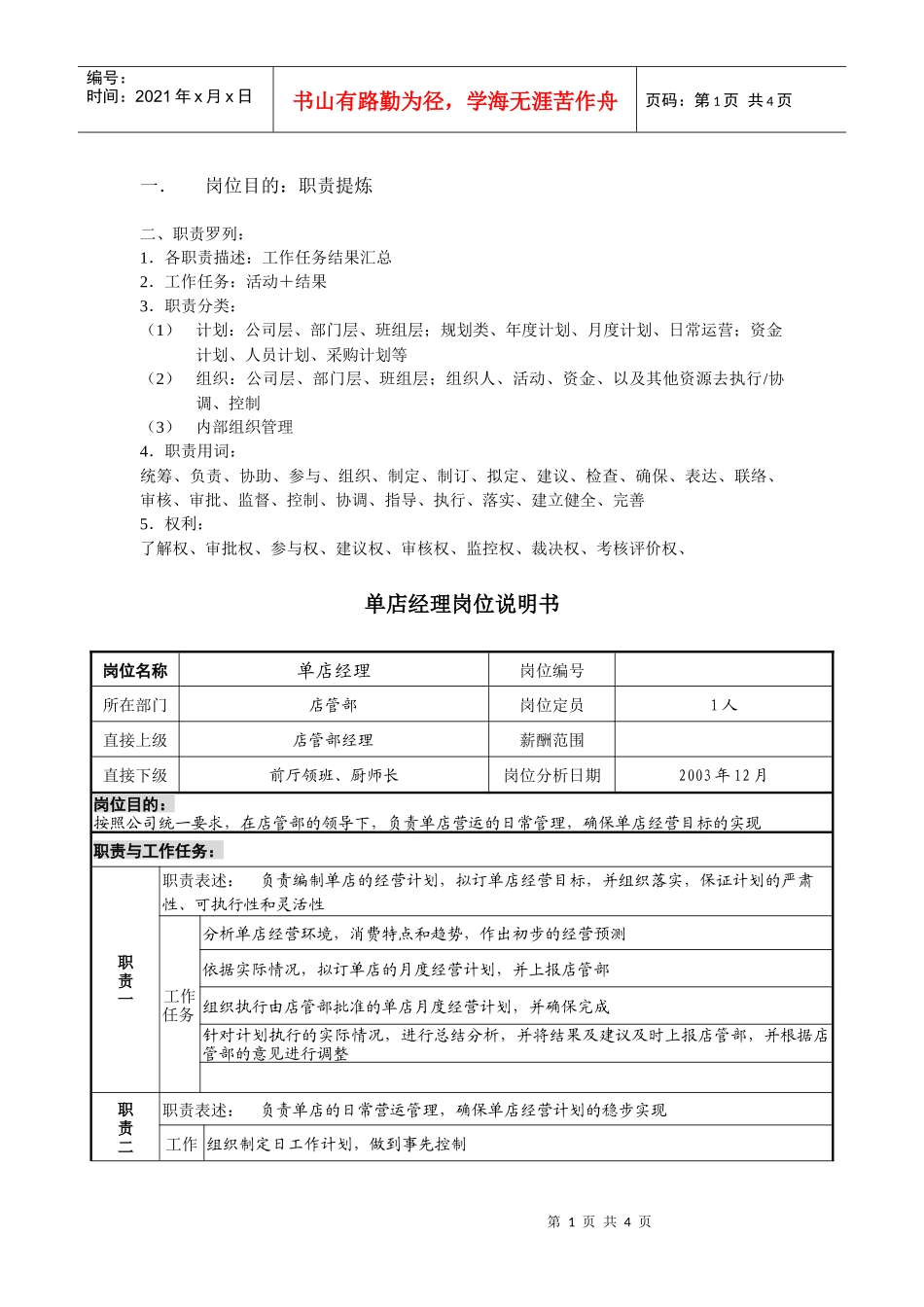餐饮企业单店经理岗位说明书_第1页