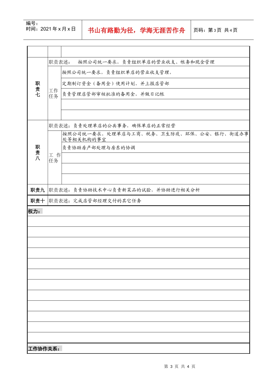 餐饮企业单店经理岗位说明书_第3页