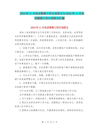 2024年11月电话营销工作计划范文与2024年11月电话销售工作计划范文汇编