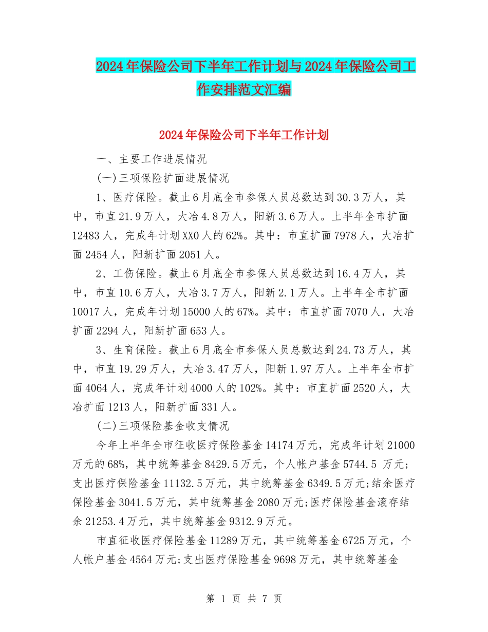 2024年保险公司下半年工作计划与2024年保险公司工作安排范文汇编_第1页