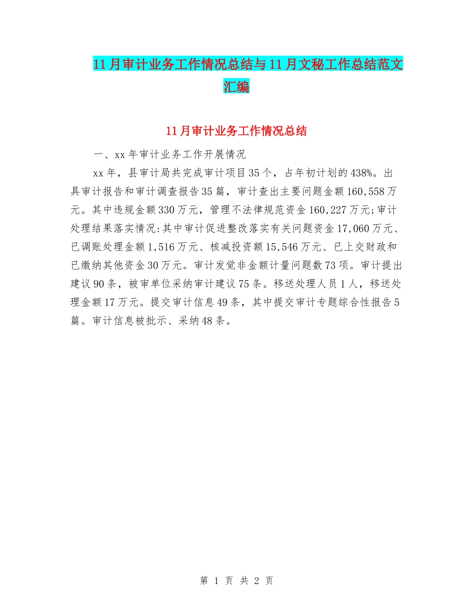 11月审计业务工作情况总结与11月文秘工作总结范文汇编_第1页