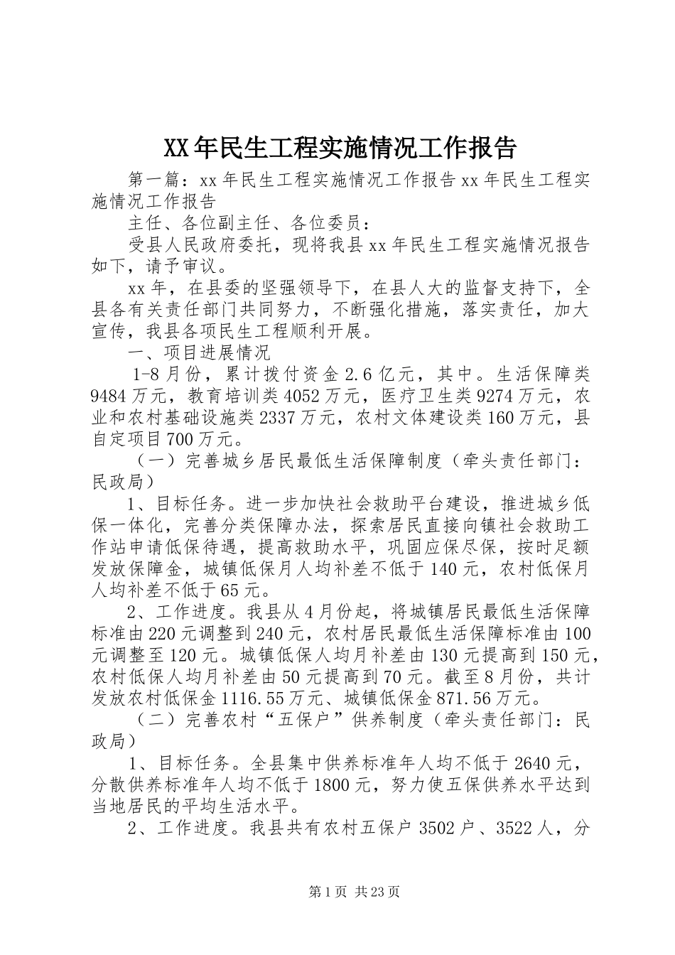 XX年民生工程实施情况工作报告_第1页