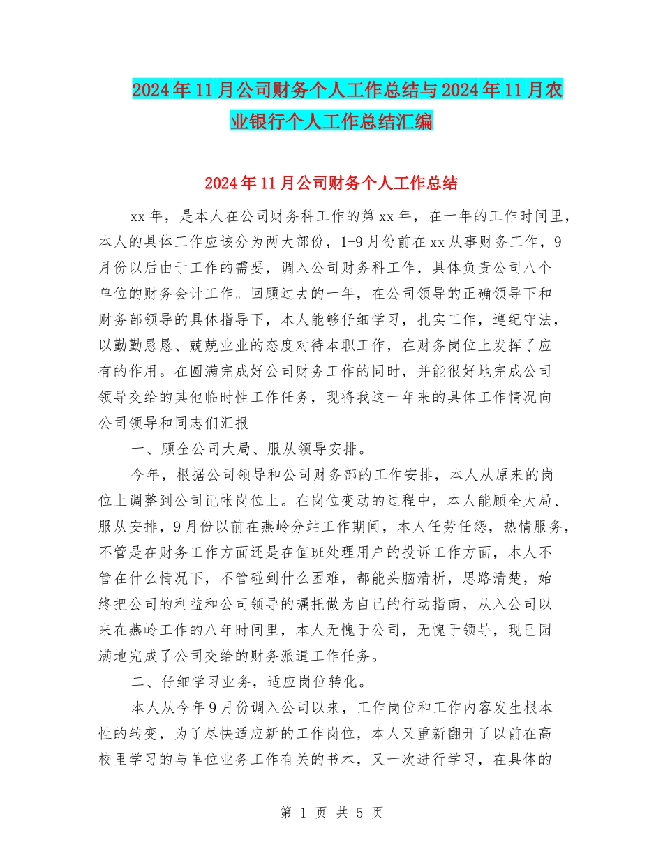 2024年11月公司财务个人工作总结与2024年11月农业银行个人工作总结汇编_第1页