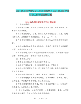 2024幼儿园中班安全工作计划结尾与2024幼儿园中班安全工作计划表格汇编