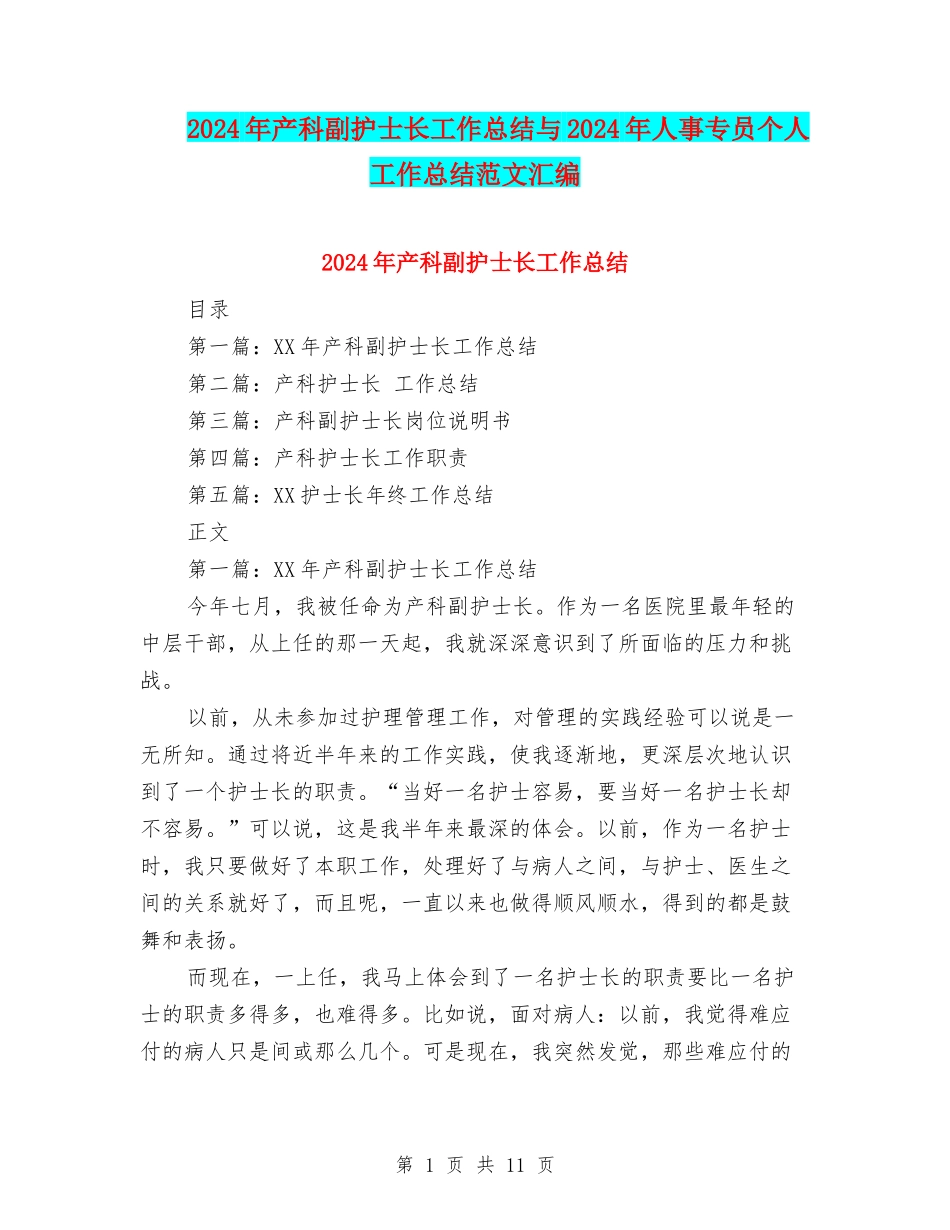 2024年产科副护士长工作总结与2024年人事专员个人工作总结范文汇编_第1页