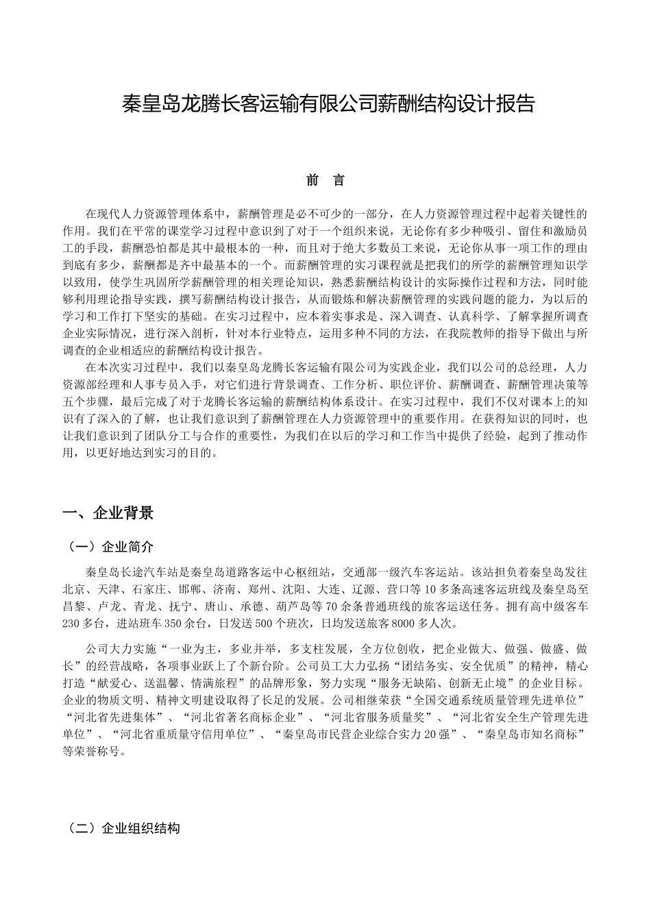 秦皇岛龙腾长客运输有限公司薪酬结构设计报告_第1页