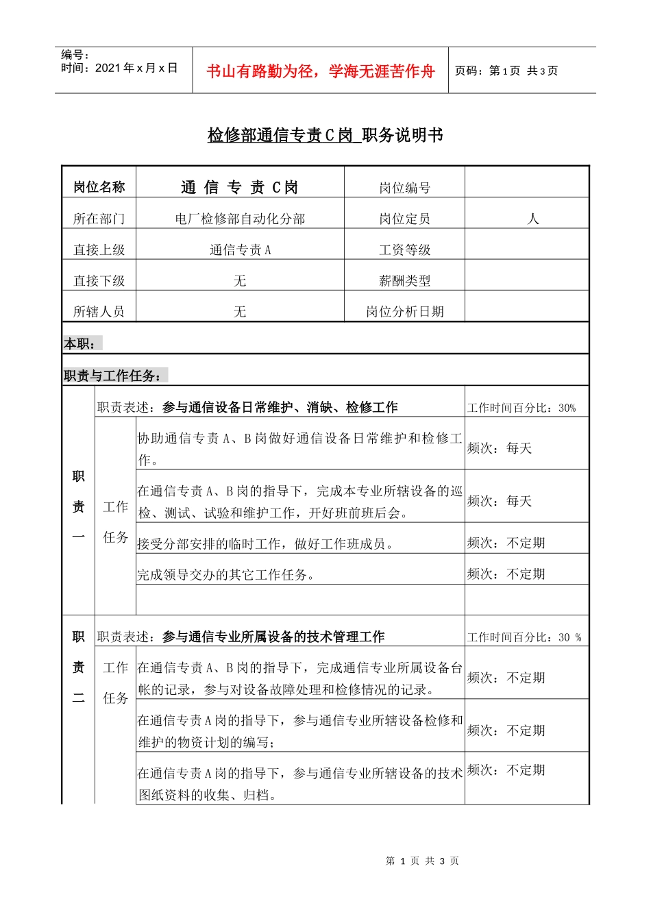 职务说明-检修部通信专责A岗_第1页