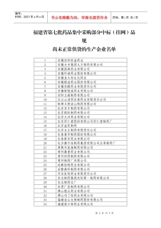福建省第七批药品集中采购部分中标(挂网)品规尚未正常供货的生产企业