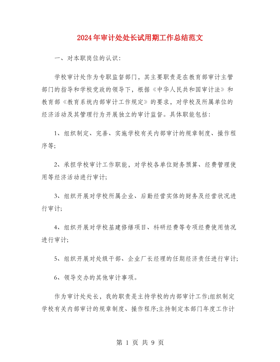 2024年审计处处长试用期工作总结范文_第1页