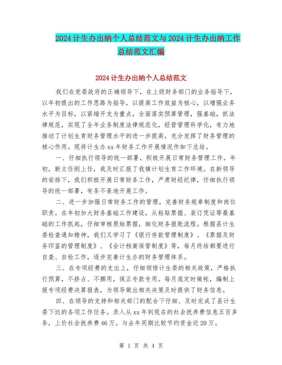 2024计生办出纳个人总结范文与2024计生办出纳工作总结范文汇编_第1页