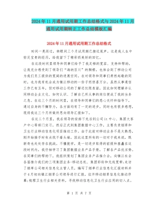 2024年11月通用试用期工作总结格式与2024年11月通用试用期转正工作总结模板汇编