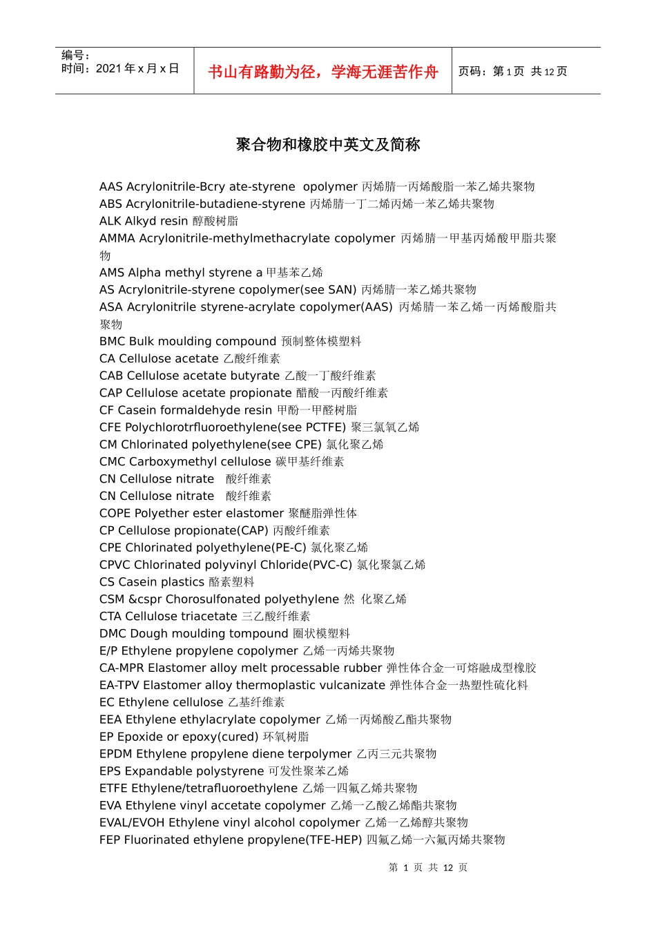聚合物和橡胶中英文及简称对照_第1页