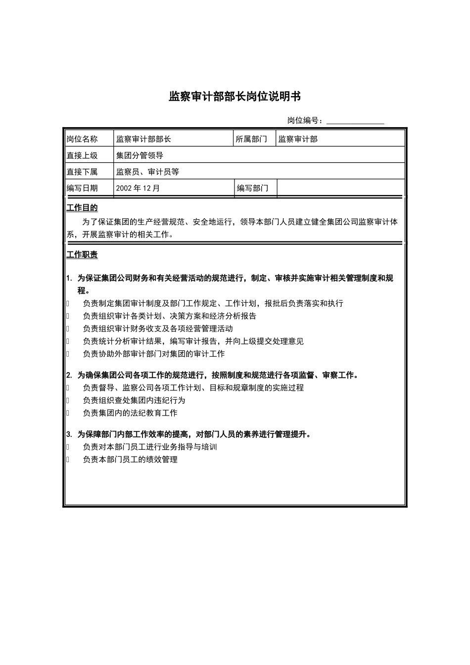 监察审计部部长岗位说明书_第1页