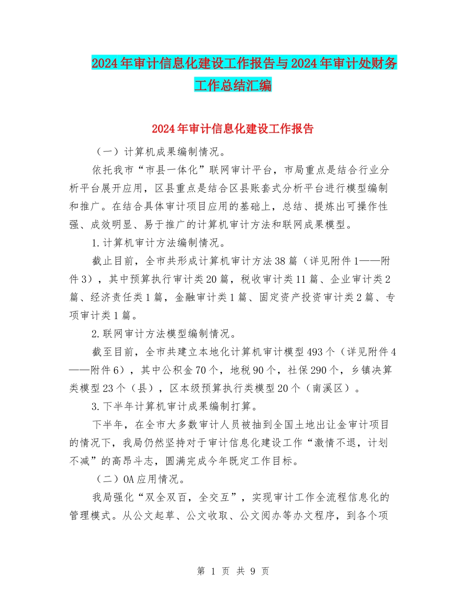 2024年审计信息化建设工作报告与2024年审计处财务工作总结汇编_第1页