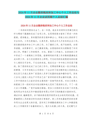 2024年11月企业数控铣床和加工中心个人工作总结与2024年11月企业试用期个人总结汇编