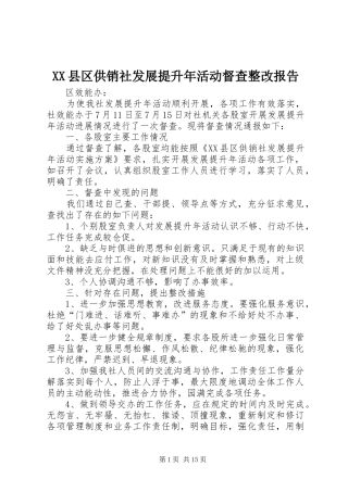 XX县区供销社发展提升年活动督查整改报告