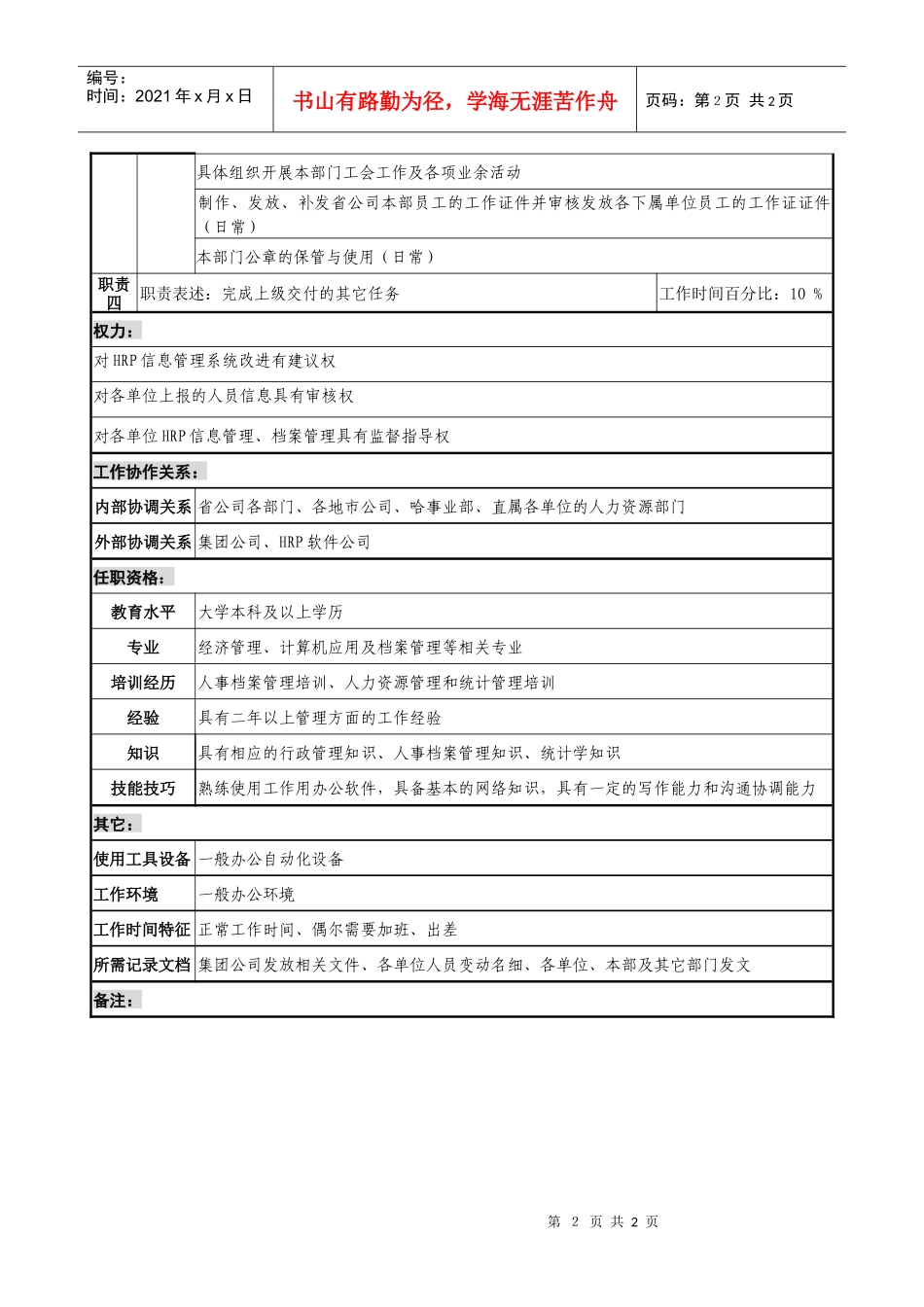 通信行业-人力资源部-信息管理岗位说明书_第2页