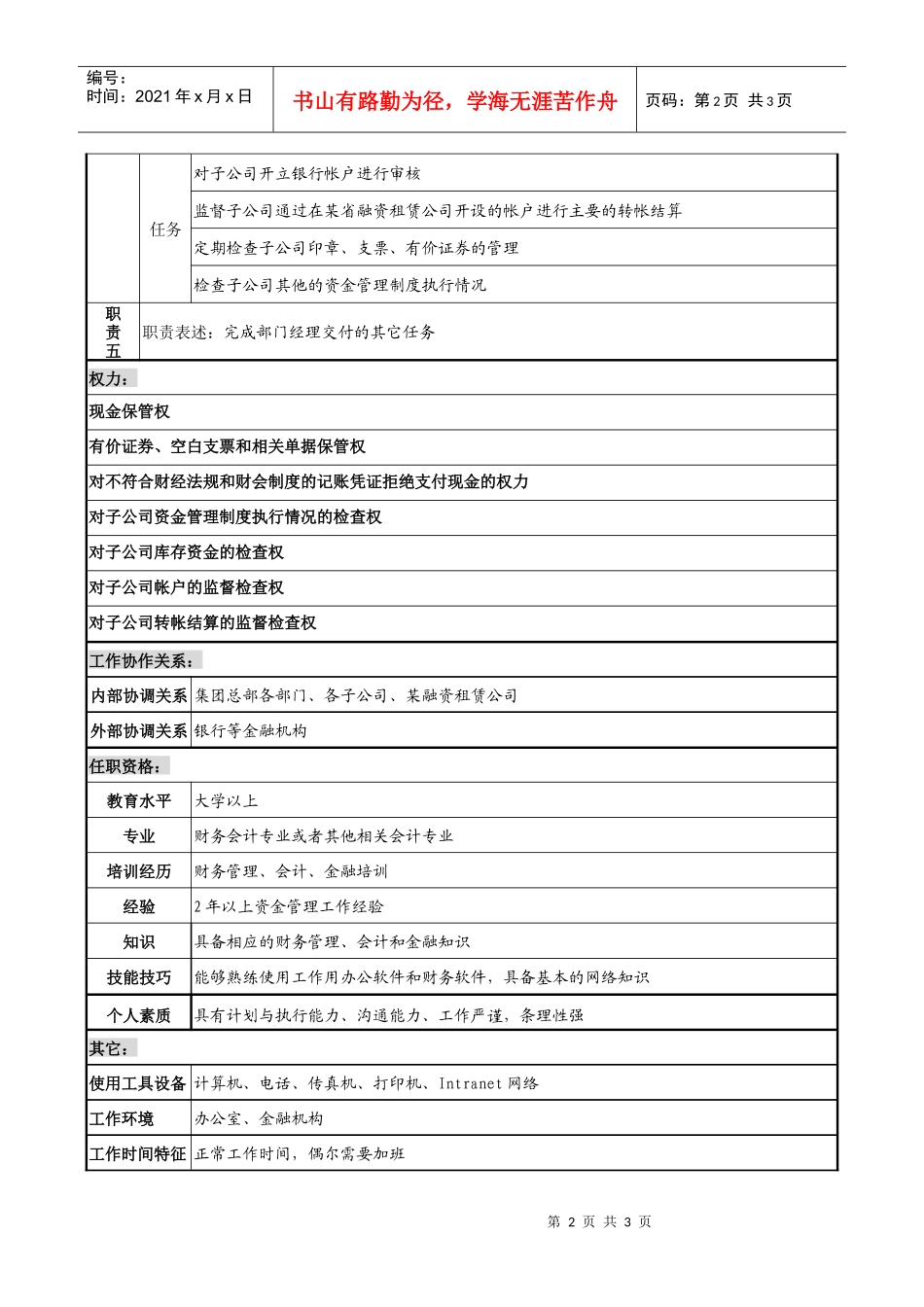 电力集团财务部资金管理岗职务说明书_第2页