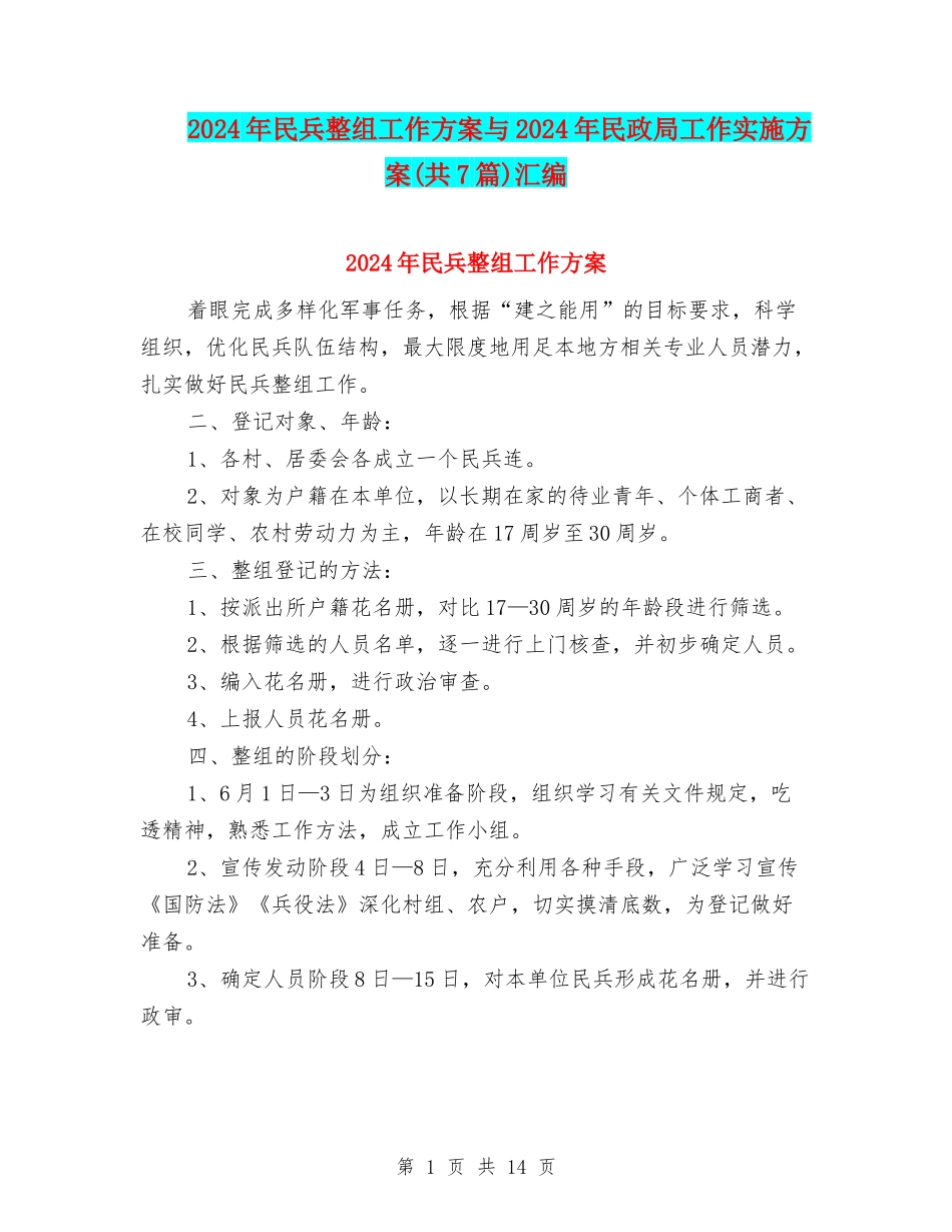 2024年民兵整组工作方案与2024年民政局工作实施方案汇编_第1页