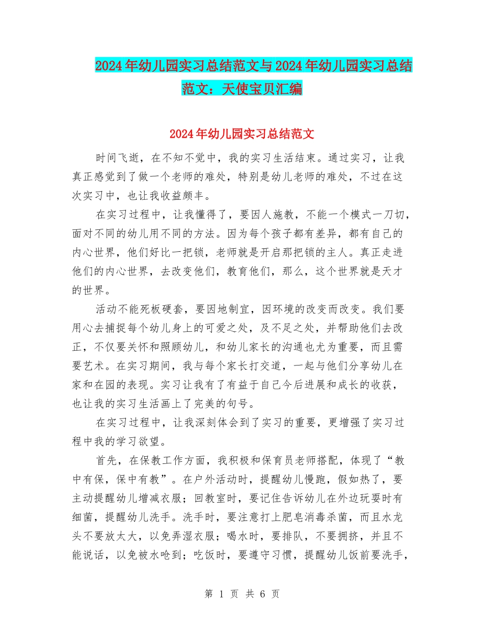 2024年幼儿园实习总结范文与2024年幼儿园实习总结范文：天使宝贝汇编_第1页
