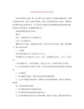 常规试用期劳动协议书范本格式