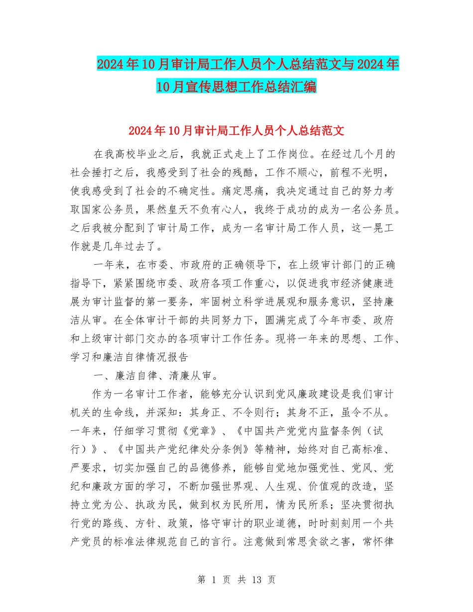 2024年10月审计局工作人员个人总结范文与2024年10月宣传思想工作总结汇编_第1页