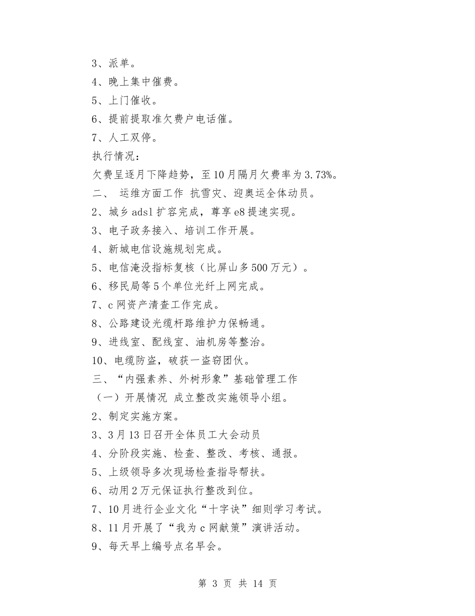 2024电信公司工作总结范文及2024年工作计划与2024电力专业技术工作总结格式汇编_第3页