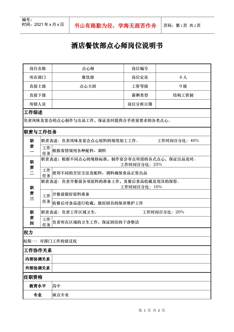酒店餐饮部点心师岗位说明书_第1页