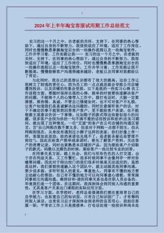 2024年上半年淘宝客服试用期工作总结范文