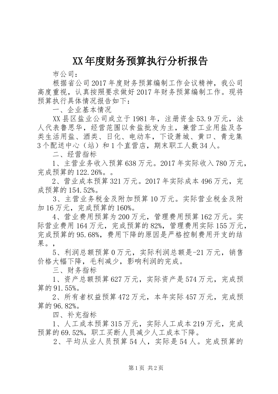 XX年度财务预算执行分析报告_第1页