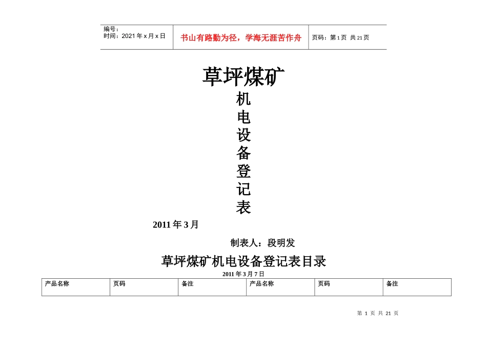 草坪煤矿机电设备登记表目录_第1页